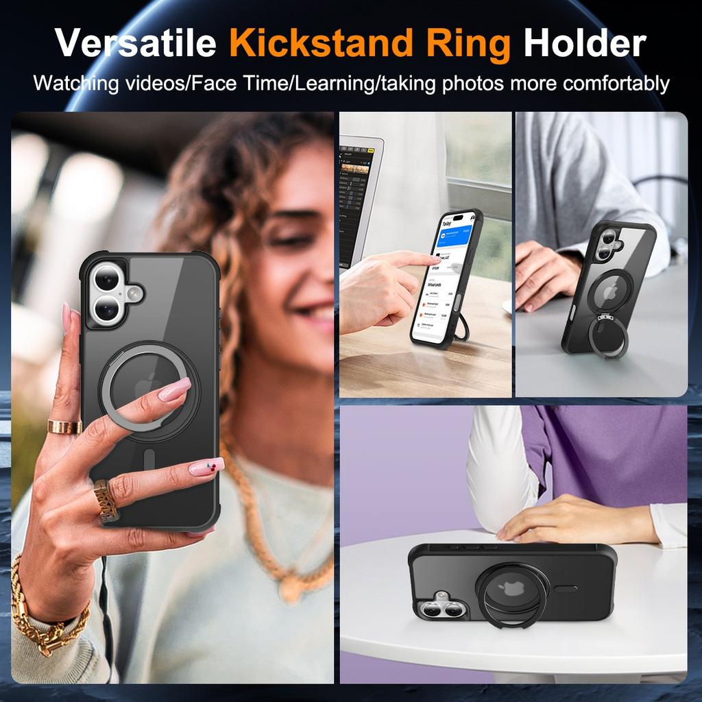 For iPhone 16 Plus Case Compatible with MagSafe Rotatable Ring Kickstand TPU+PC Phone Cover