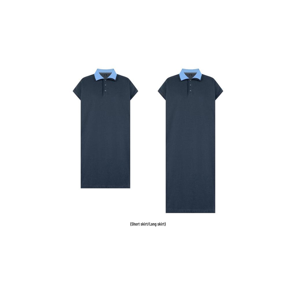 Meiyang Chubby Cotton Pique Knit Color Block Polo Neck Long Dress