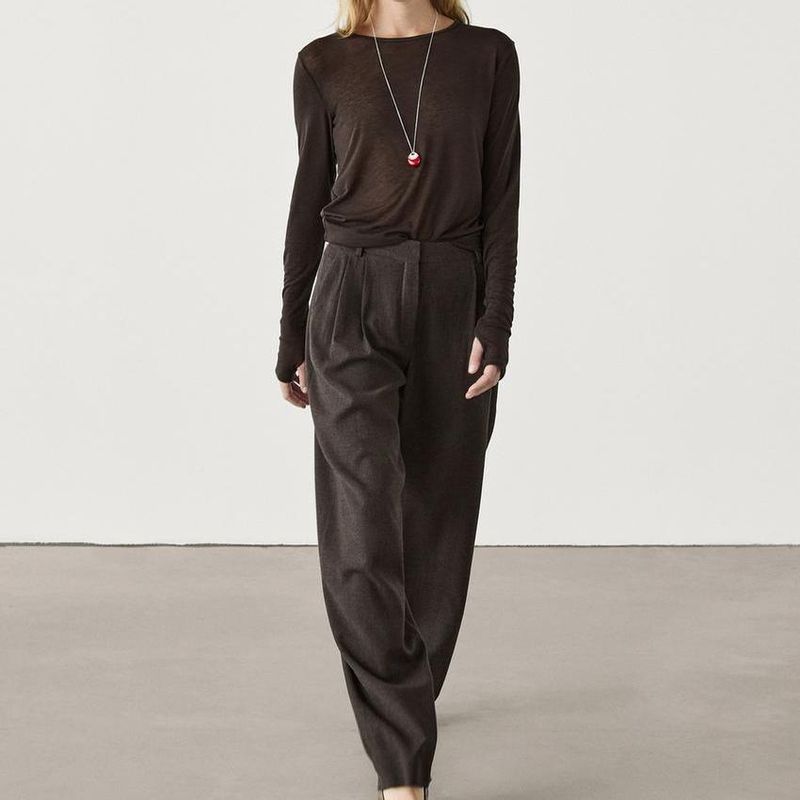 MD Spring New Women's Clothing Elegant Capable Commute Style Retro Brown Flannel Pleated Pants 5015593