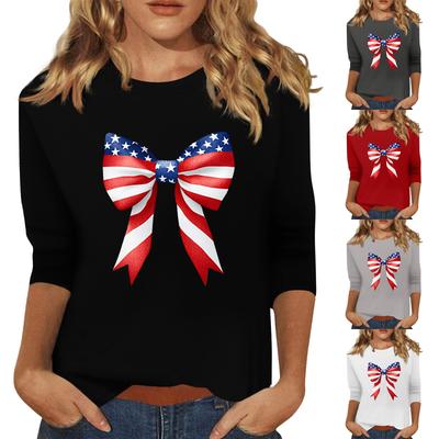 Women's Fashion Casual Round Neck 3/4 Sleeve Loose Independence Day Printed T-Shirt Ladies Top
