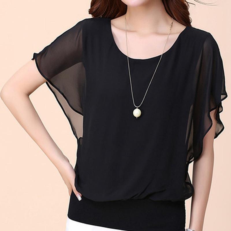 Summer New Solid Color Chiffon Shirt Sweet Short-Sleeved T-shirt Large Size Women's Clothing