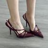 Fashion Elegant Pointed Toe Wine Red One-strap Thin Heel Head  Sexy Women Sandals Girl Pumps Luxury Gladiator Sandals for Women
