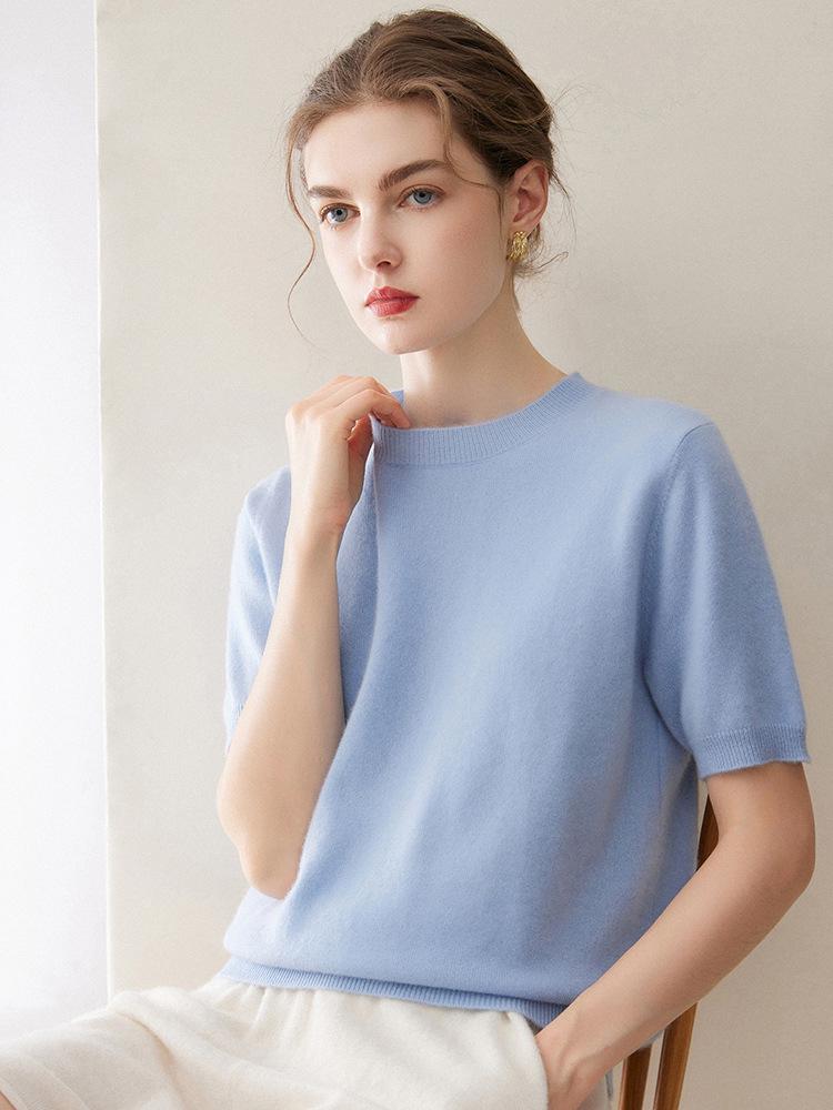 Twelve-Needle Women's Solid Cashmere Knit Pullover: Flat Round Neck, Short-Sleeved, Versatile Design