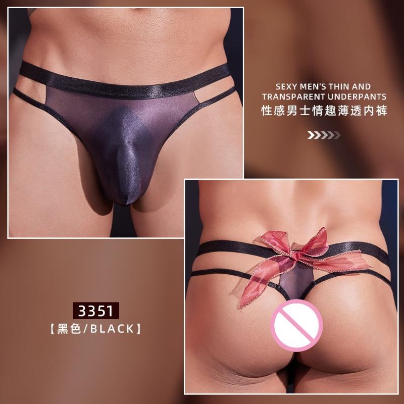 Oil Glossy Sissy Pouch Thong Transparent Lingerie Low Waist Bow T-Back G-String Stretch Bikini Underwear Gay Erotic Nightwear