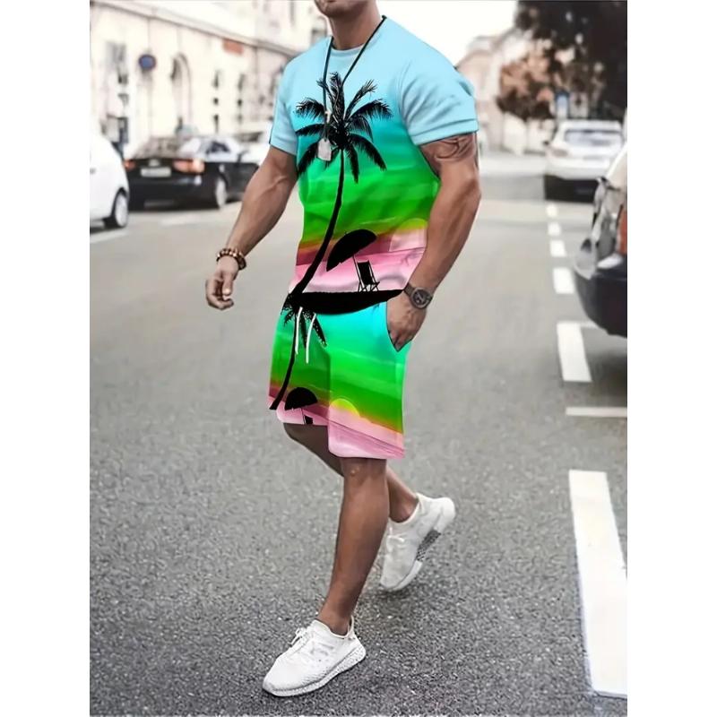 Traje de Moda Estampado 3D de Coco Hawaiano Cuello Redondo para Hombre Casual Diario Manga Corta y Pantalones Cortos Traje de Moda Urbana Harajuku