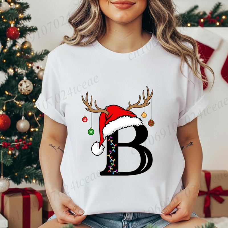 Fashion Christmas Alphabet Santa Reindeer Print T-Shirts Fashion Clothing Short Sleeve T-shirt Christmas Party Trend Women Tops