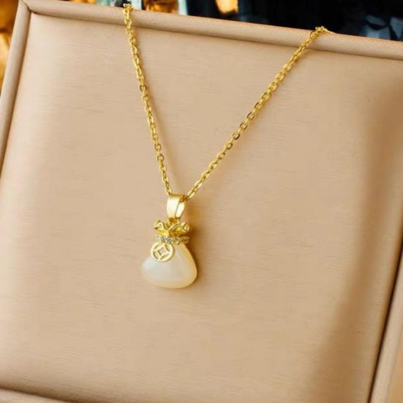 Elegant Lucky Bag Design Women'S Necklace With White Imitation Jade Pendant Fashionable Gift For Best Friends