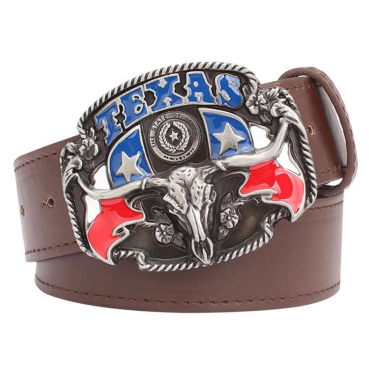 Wild West TEXAS Cowboy Belt Bull Skull Head Metal Buckle American Texan Pride Fashion Waistband For Men