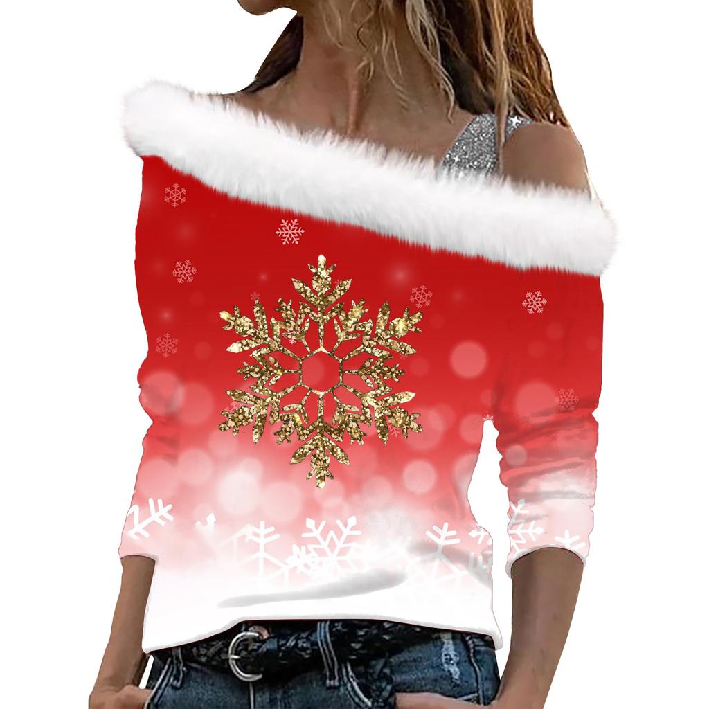 Women's Off Shoulder Furry Trim Long Sleeve T-Shirt Christmas Glitter Star 3D Print Elegant Winter Casual Top