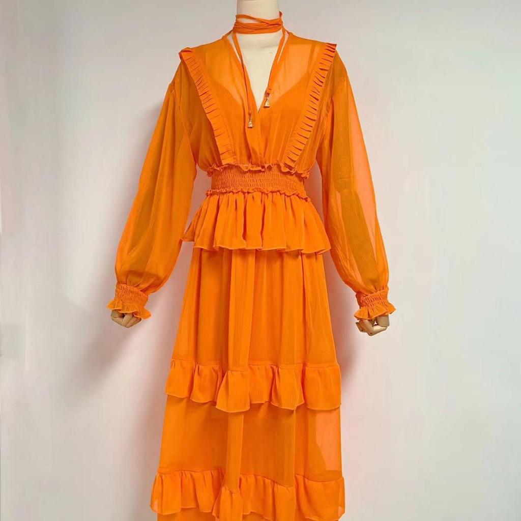 2023 Autumn Chiffon Ruffle Layered Long Dress for Women