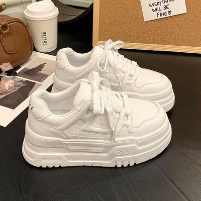 Height Increase 6.5CM Leather Platform White Shoes Women's Spring New Versatile Board Shoes Non-slip Casual Sports Shoes