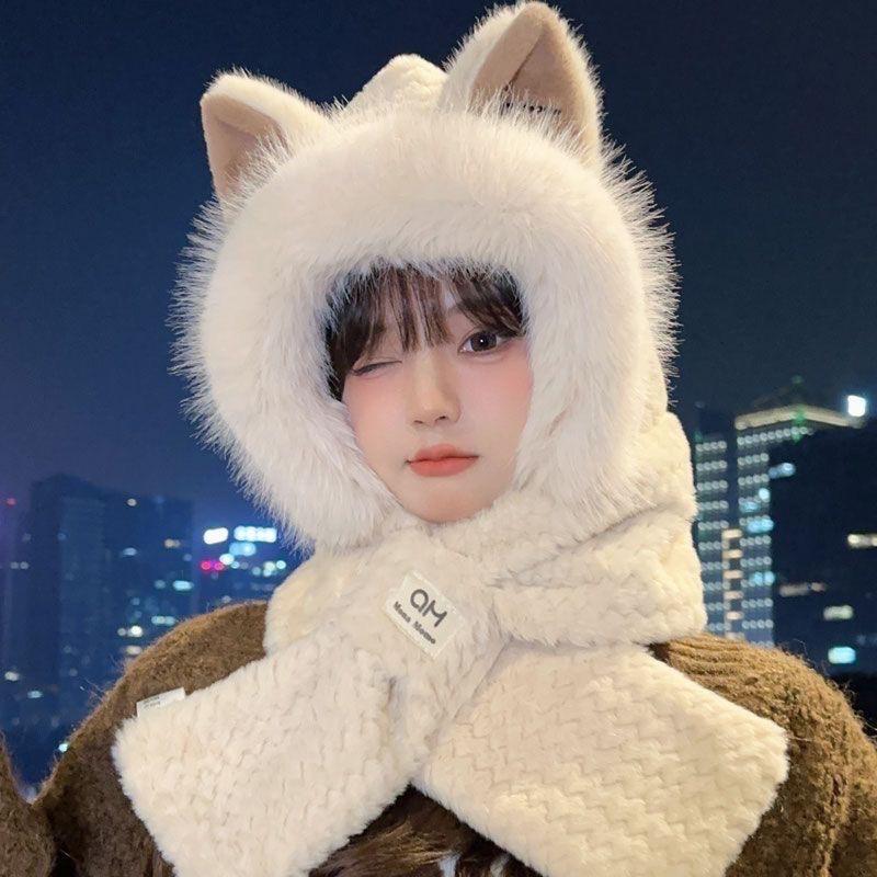 Women's Winter Fox Ears Plush Hat and Scarf Set - Thick, Warm Ear Protection for Cycling