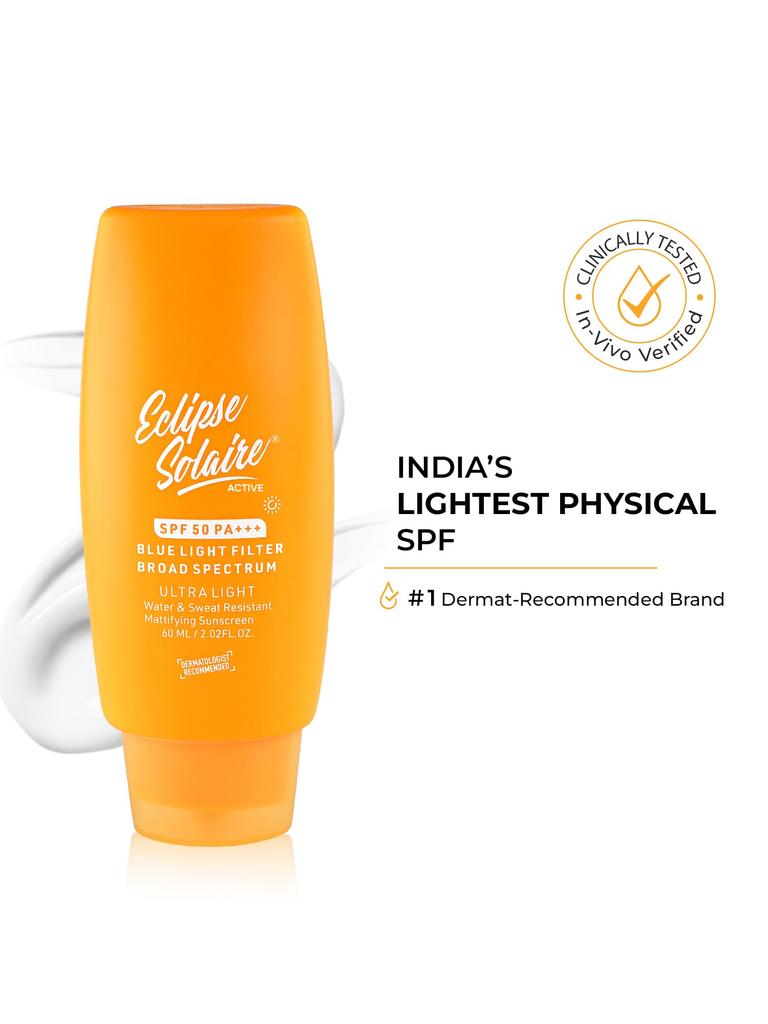 Eclipse Solaire Active Sunscreen SPF50 PA+++ | Clinically Tested | No White Cast | Broad Spectrum UVA/UVB & Blue Light Shield | Non-Greasy Sunscr