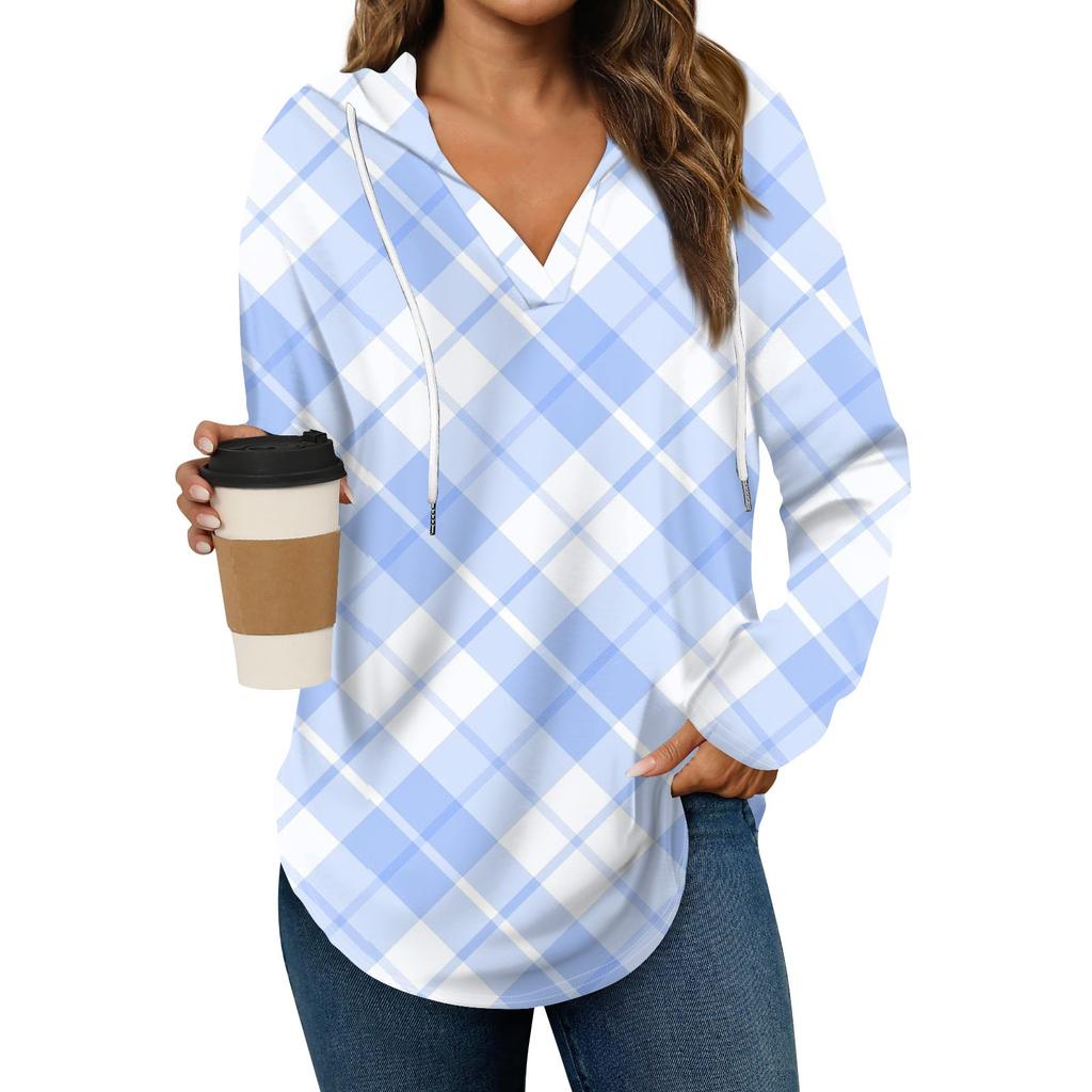 Damenmode Hoodies V-Ausschnitt Langarm Bedruckt Kordelzug Lässige Lose Pullover Tops