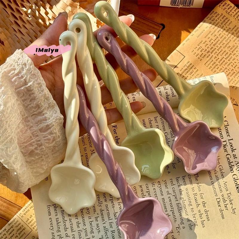 1Pc Ceramic Star Shaped Spoon Cute Twisted Long Handled Coffee Stirring Spoon with Cream Design for Kitchen