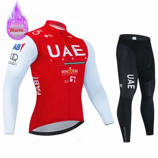 Nové Uae Zimní termofleece Cyklistický dres Set Bicicleta Outdoorové cyklistické oblečení MTB Ropa Ciclismo Bib Kalhoty Set Cyklistické oblečení