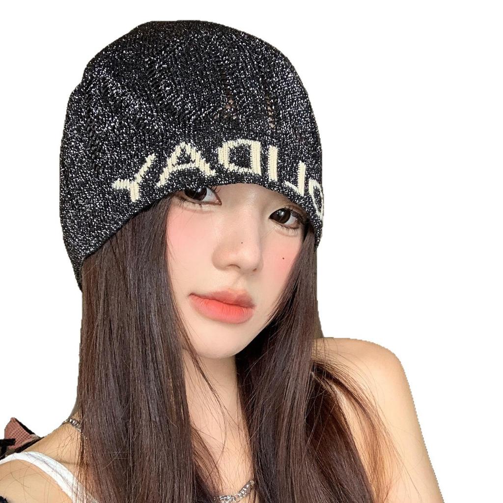 Korean Style Highlight Letters Black Knitted Baotou Hat for Women Showing Face Small Versatile Pile Hat Big Head Circumference Pullover Cold Hat