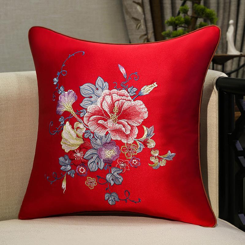 Chinese-style Embroidery Throw Pillow Redwood Sofa Cushion Cover Headboard Flowers Solid Wood Chair Lumbar Support Cushion Cover