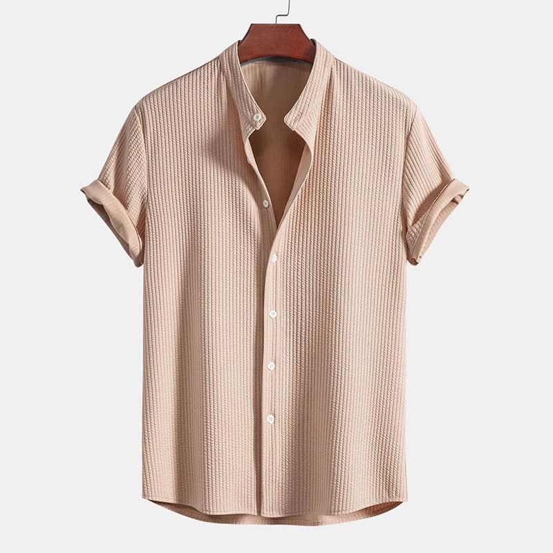 Men's Short Sleeve Solid Color Button Down Shirt Stand Collar Top