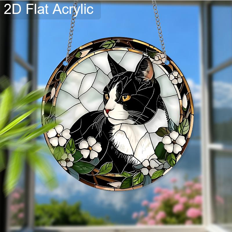Acrylic Tuxedo Cat with White Flowers Suncatcher, Stained Glass Effect Window Hanging Ornament for Cat & Pet Lover Gifts