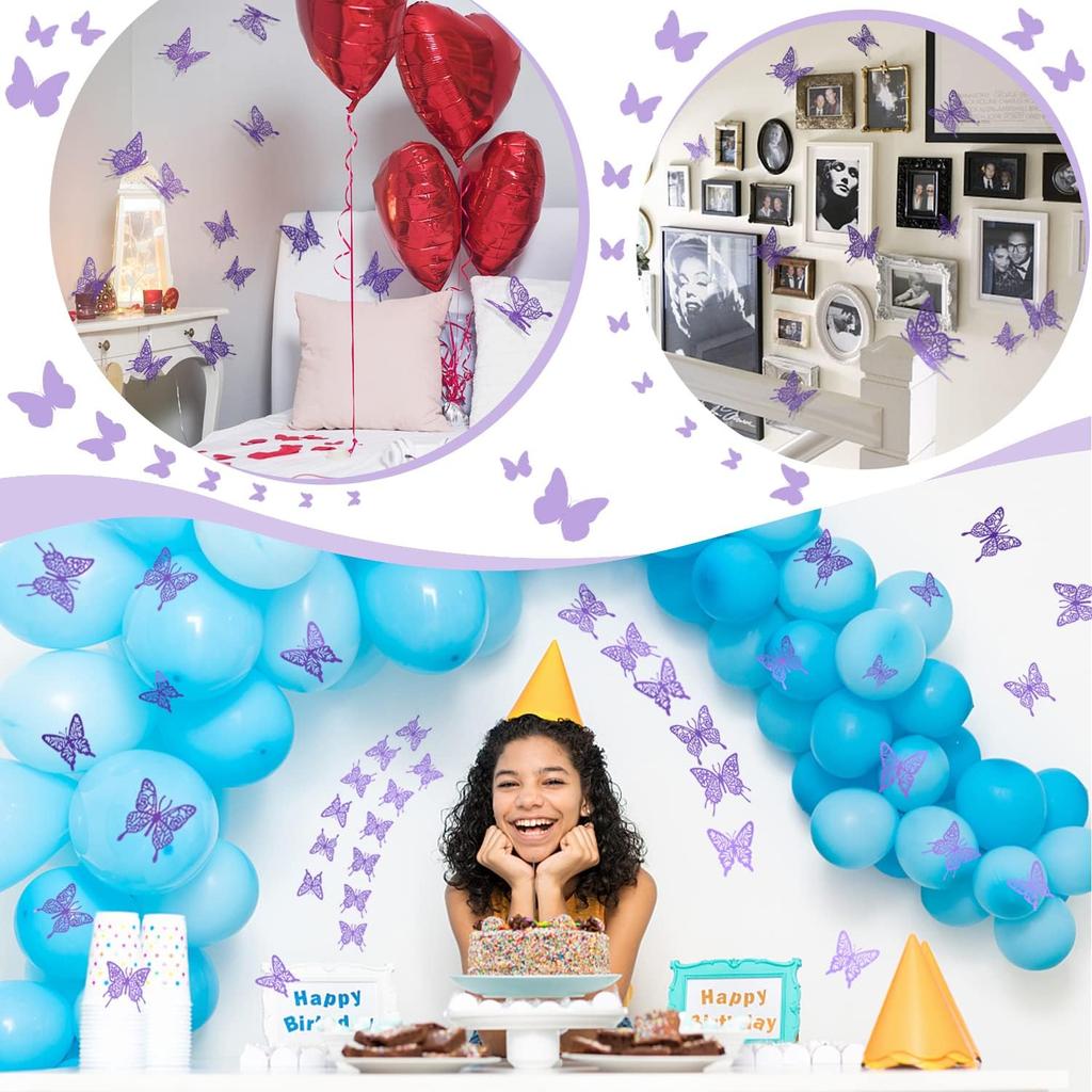 Purple Butterfly Stickers Decor 48pcs 4 Styles 3 Sizes Butterfly Decorations Butterfly Party Cake Decorations 3D Butterfly Stickers Decals for Girls
