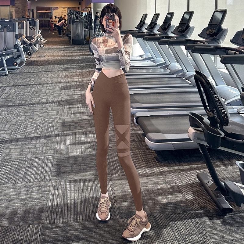 

Mesh Patchwork Breathable High Waist Belly Contracting Yoga Pants Women s Sexy Cross Waist Hip Lifting Running Fitness Pants No Embarrassment Line CHESTNUT L
