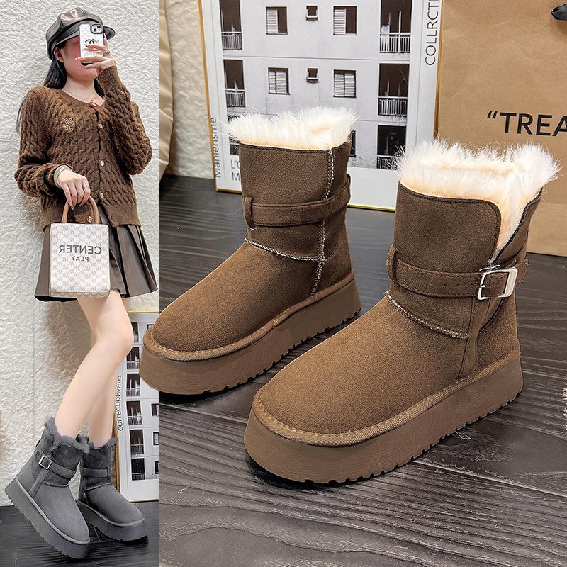 Thick-soled snow boots women's winter velvet thickened 2025 new fashion versatile belt buckle warm medium tube Martin boots