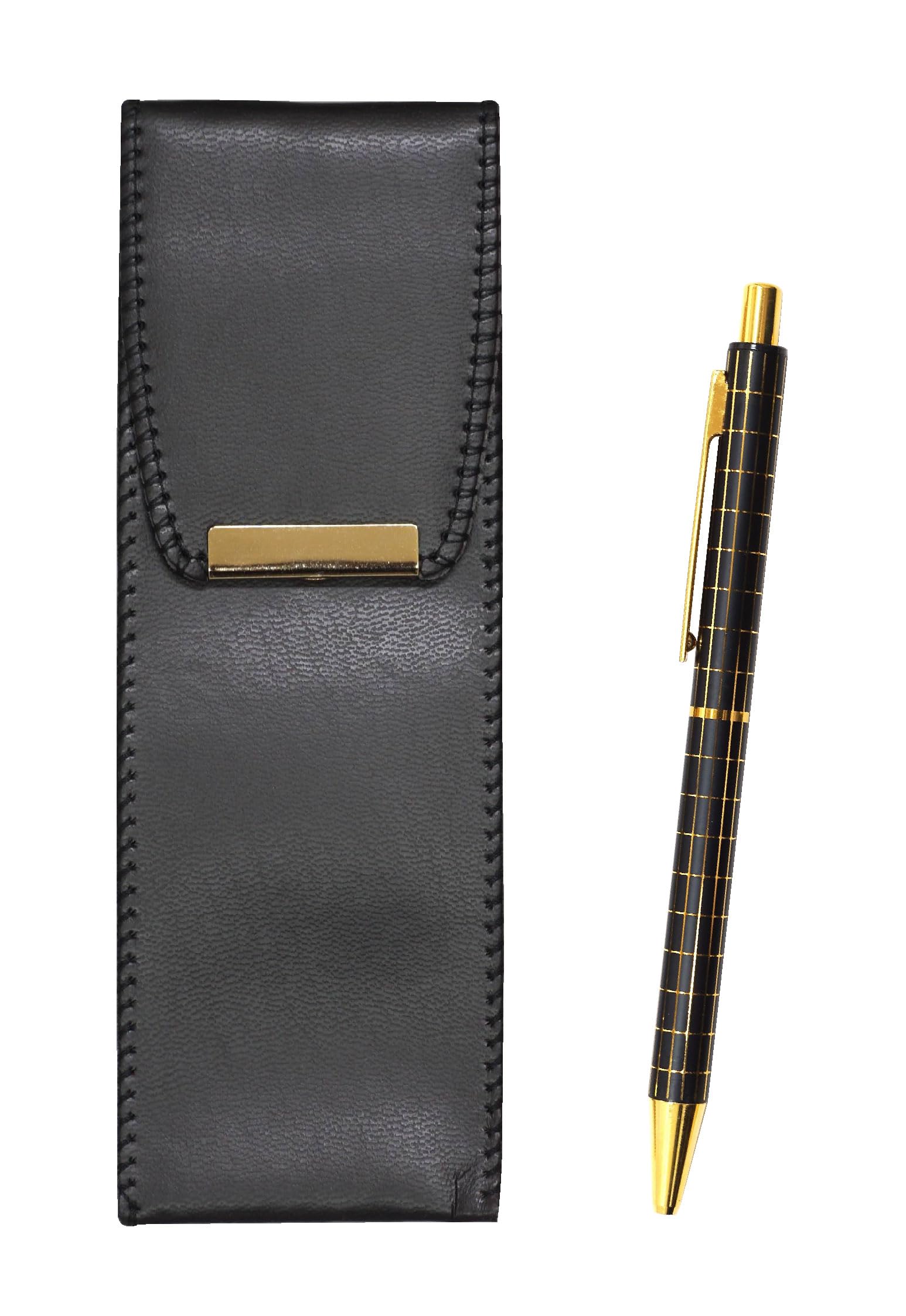 

black pen case with a metal pen and a black grid ballpoint pen set Eco-leather standard-size straight-knock double-anodized (3-pack, black, чёрный