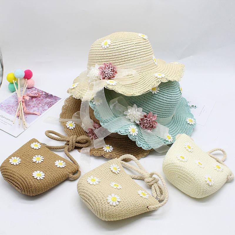 Girls Sun Hat Flower Resort Beach Hat Wavy Edge Straw Hat + Bag Sun Hat Children'S Fairy Hat
