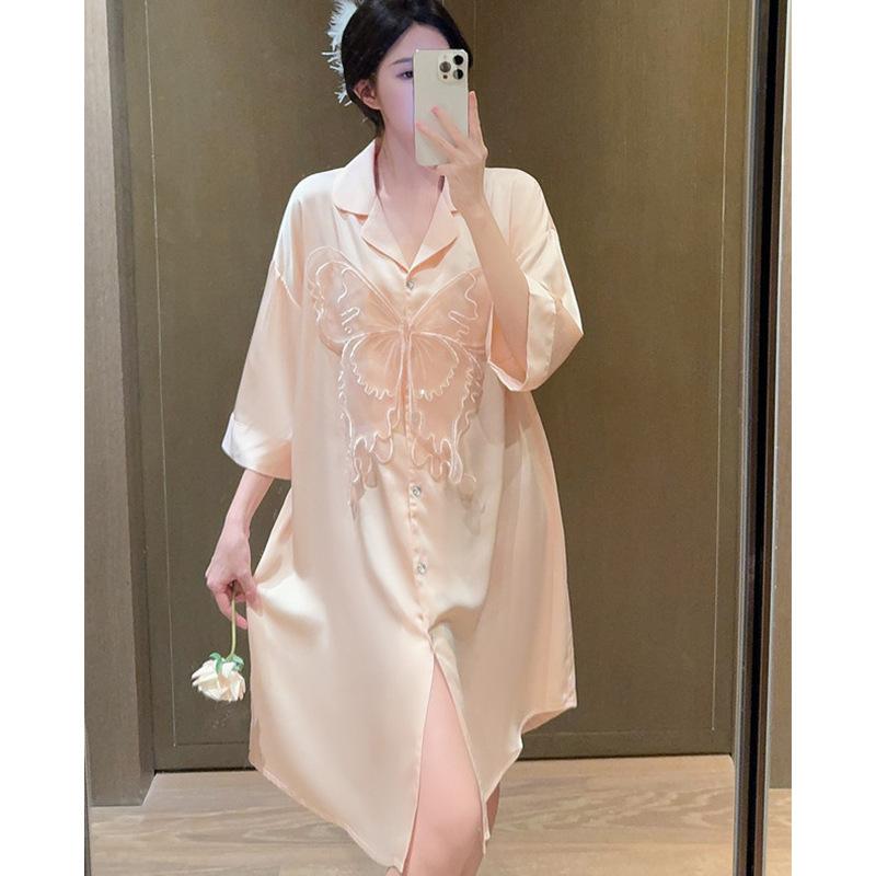 [Crystal Butterfly] French Elegant Wind Shirt Skirt Spring Summer Ice Silk Nightdress Women's Thin Cool Homewear