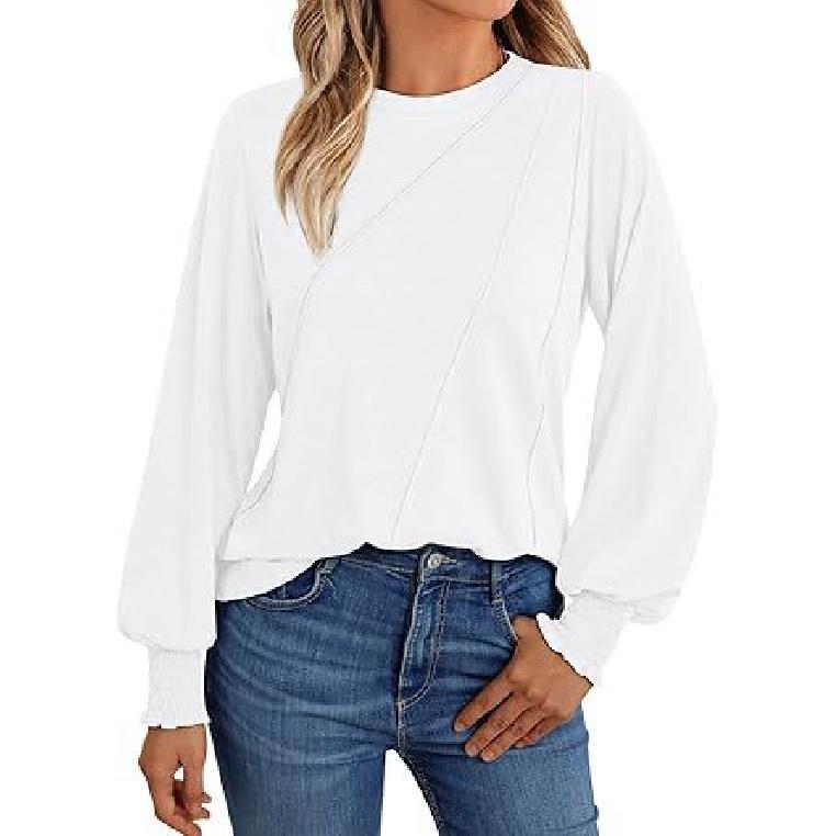 2026 popular women's long-sleeve shirt with pleated round neck, autumn top, fashionable women's clothing