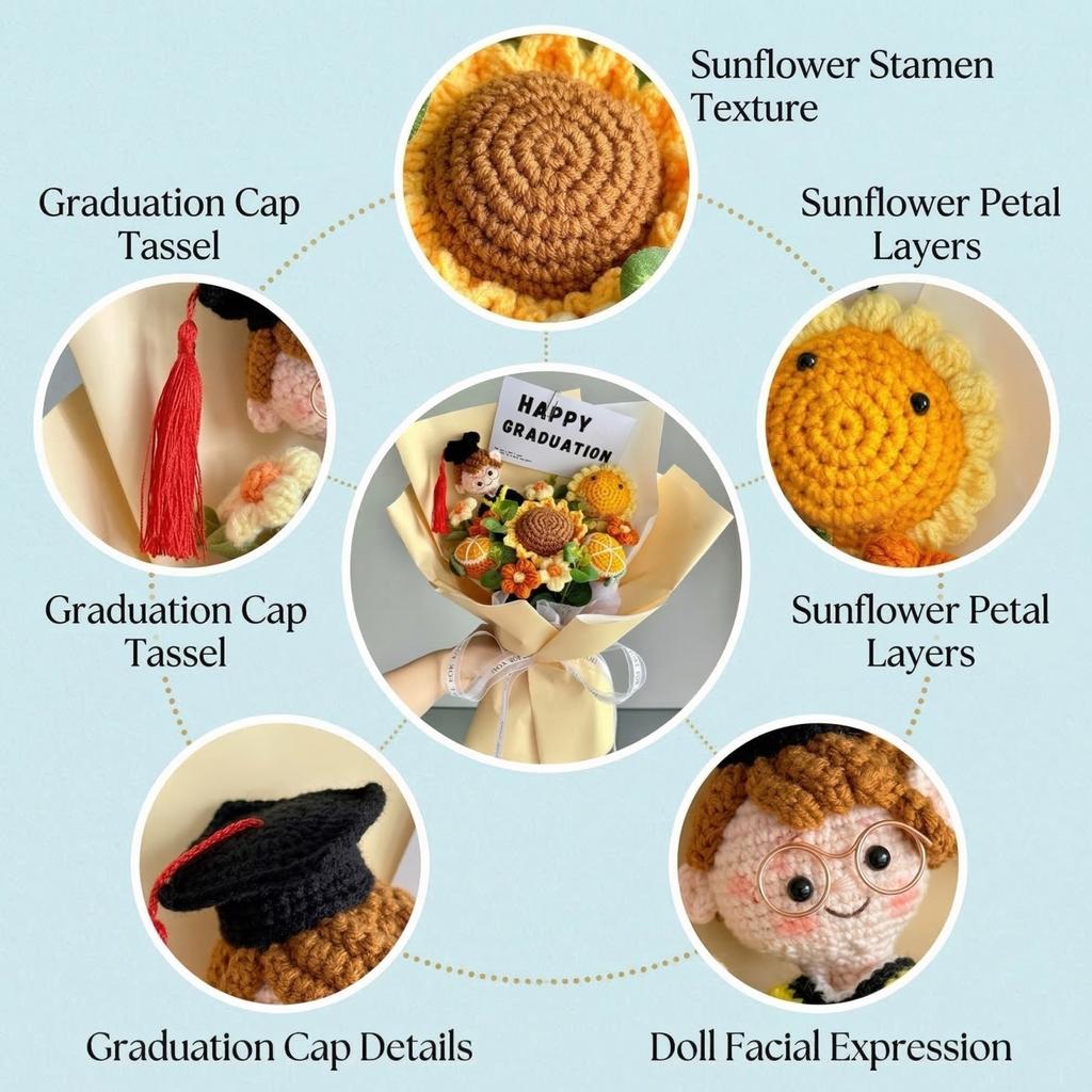 Knitted Yarn Flower Sunflower Puff Bouquet, Gift For Adult , Graduation , For Classmates And Friends