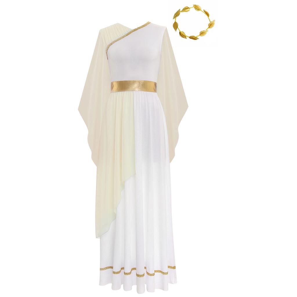 Damen Halloween Griechische Schönheits Kostüm Goldene Blätter Girlande Kopfschmuck Chiffon Kappenärmel Antikes Toga Kleid