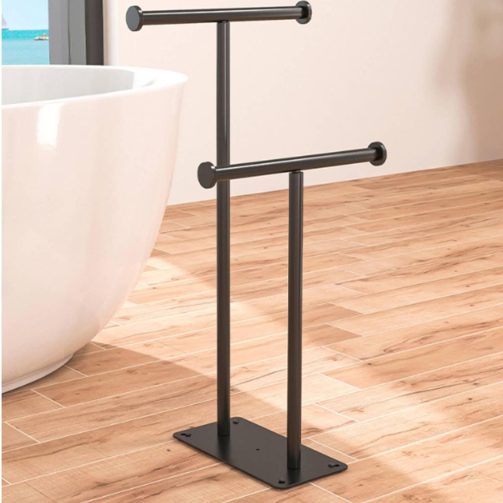 Stainless Metal Towel Rack with No Drill Washroom stand Rectangular Base Sturdy for Bathtub