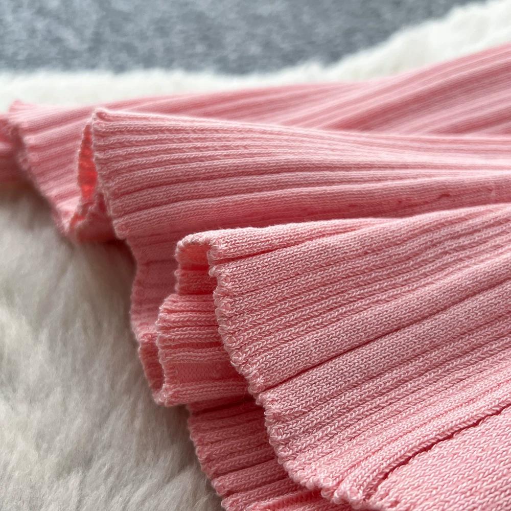 Summer Autumn Pink Button-Down Short Sleeve Short Knit Dress for Women Elegant Turn Down Collar Single-breasted Ruffles Slim Sweater Dresses