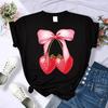 Summer Pink Bow Strawberry Design Pattern 3D Printed T-Shirts Women Crewneck Casual Multicolor Tee Tops Summer Soft Short Sleeve