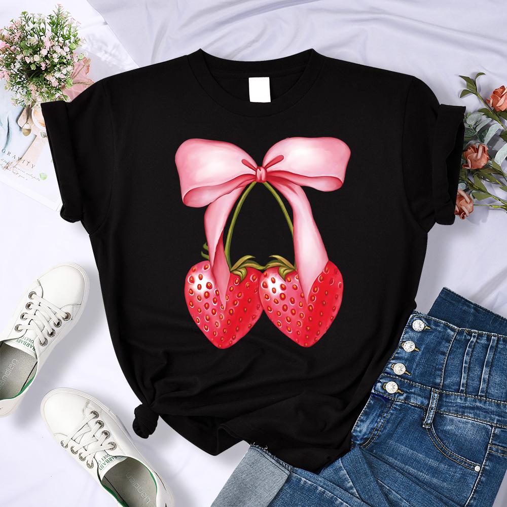 Summer Pink Bow Strawberry Design Pattern 3D Printed T-Shirts Women Crewneck Casual Multicolor Tee Tops Summer Soft Short Sleeve