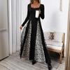 Yiyi European & American Leopard Print Color Block A-line Long Dress (2025 New, Elegant Temperament, Long Sleeve)