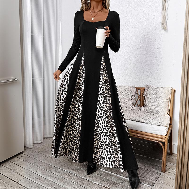 Yiyi European & American Leopard Print Color Block A-line Long Dress (2025 New, Elegant Temperament, Long Sleeve)