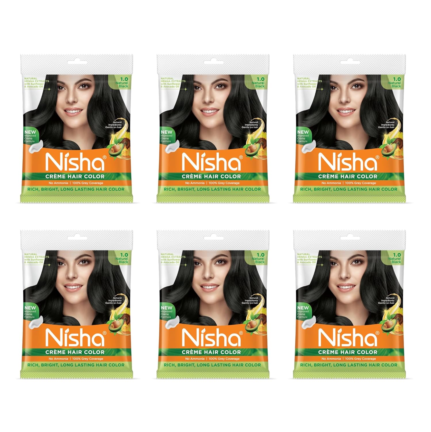 

Nisha Creme Hair Color Natural Black 20ml+20gm x 1 No Ammonia With Sunflower Avocado Henna For 100 Percent Grey Coverage Pack Of 6