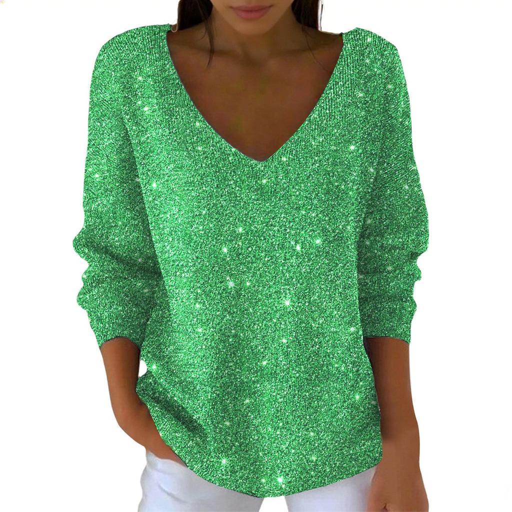 Women's Casual Daily Long-Sleeved V-Neck Faux Sweater Knitted Pullover Top With Sequins