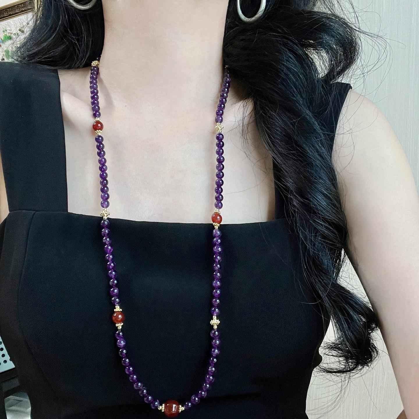 Autumn And Winter 6Mm Natural Ice-Permeable Amethyst Chalcedony Collarbone Chain Necklace Neck Chain Sweater Chain