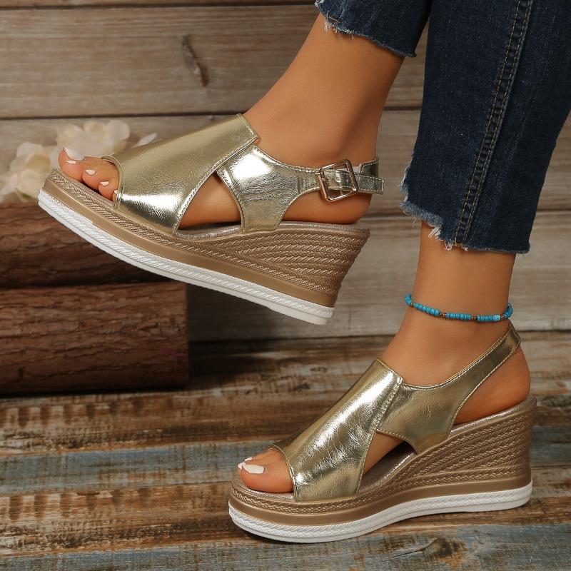 Summer fashion sandals large size one-word buckle with muffin wedge heel platform beach sandals