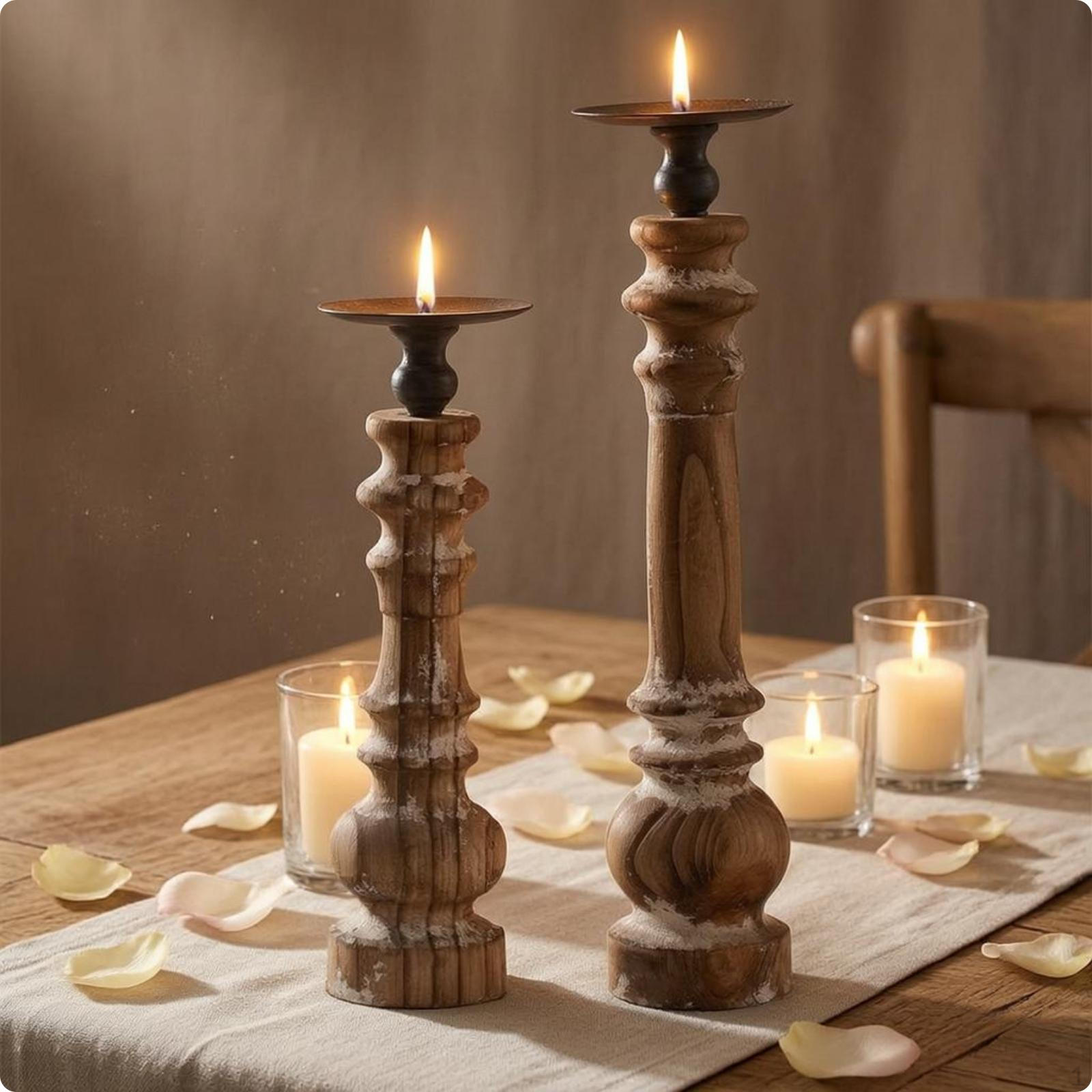 Wood Pillar Candle Stand Distressed Finish