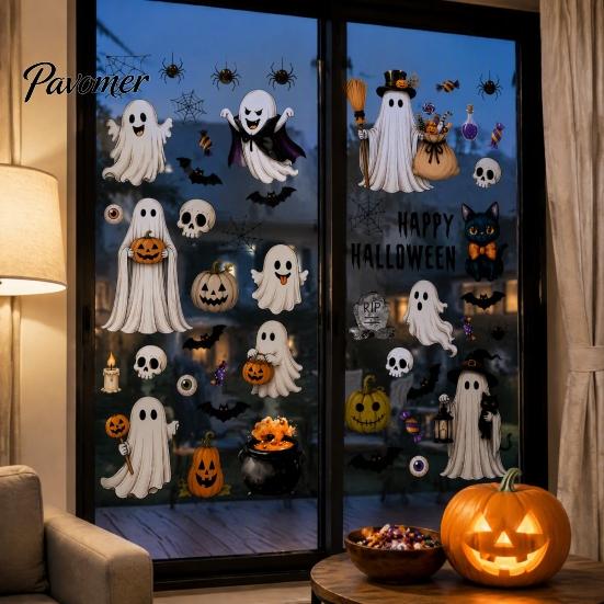 Decorative Window Film 6 Sheets Halloween Clings, Spooky Ghost Pumpkin Bat Removable Wall Decal Sticker, Reusable Static Glass Decals for Holiday