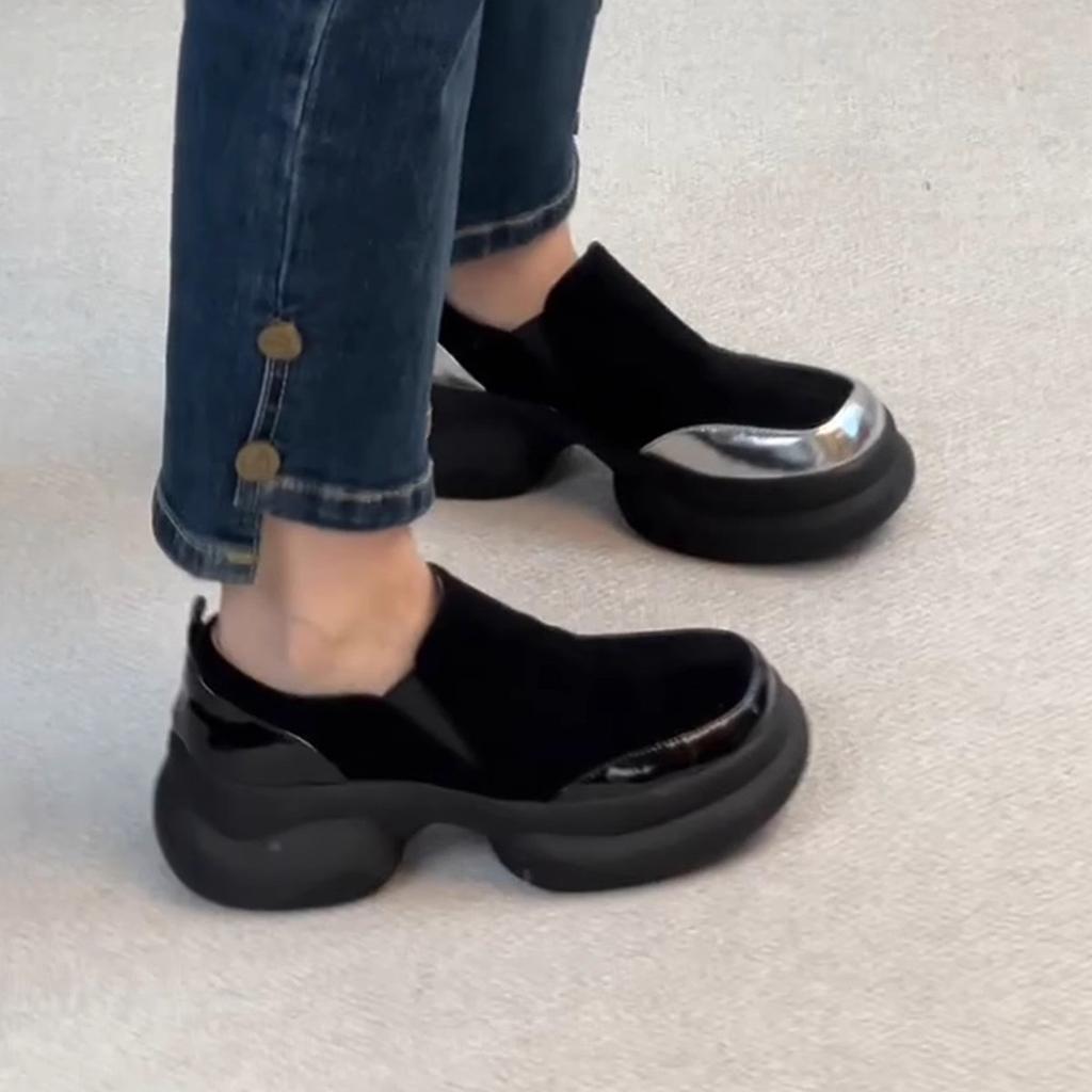 Sheepskin version retro muffin bottom thick sole heightening loafers women's matte leather one pedal round head simple small leather shoes women