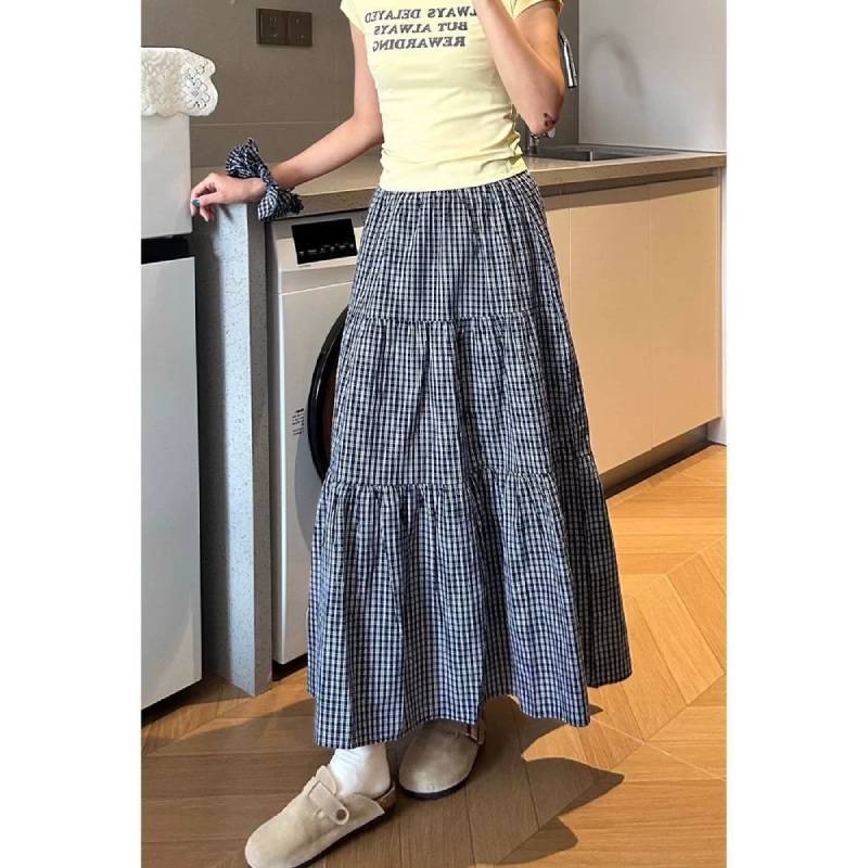 Cotton Blended Plaid Midi Skirt With High Waist And Ruffle For Casual Womens Fashion