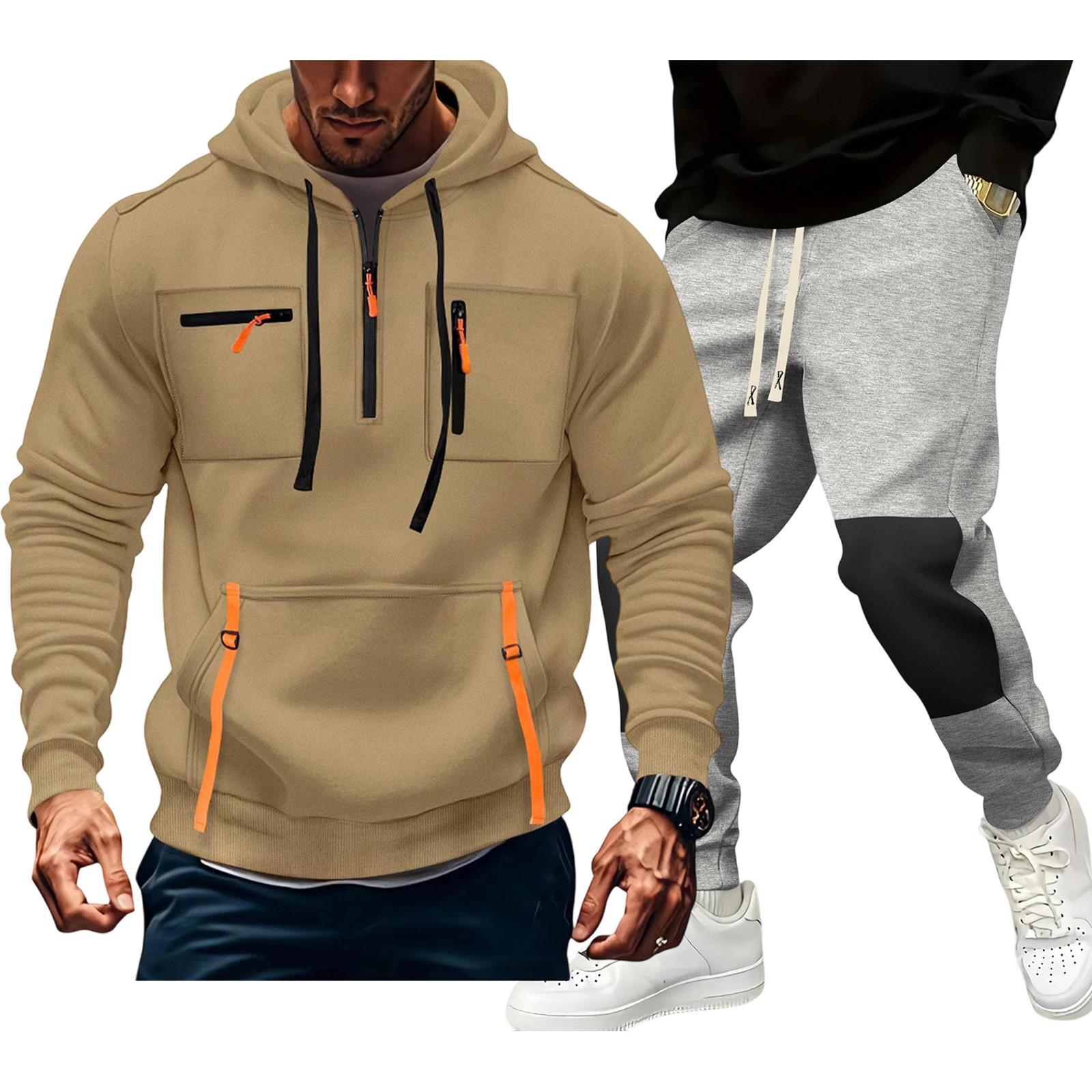 

Men S Hoodie Multi Pocket Hooded Long Sleeved Casual Sports Two-Piece Set XXXL хакі