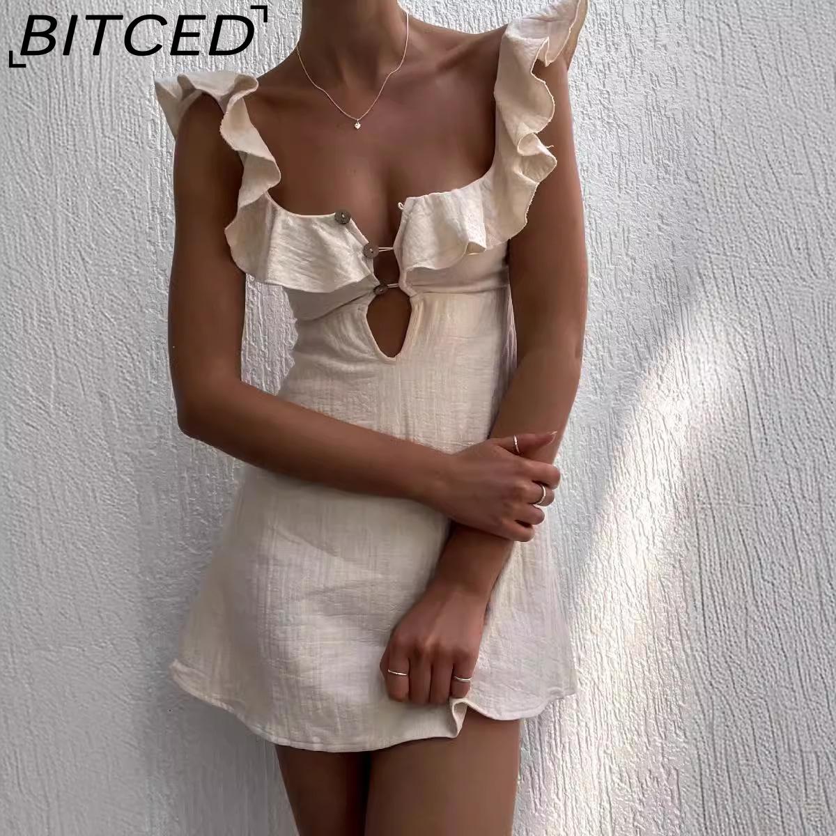 BITCED Женское сексуальное платье с рюшами на тонких бретельках S бежевый