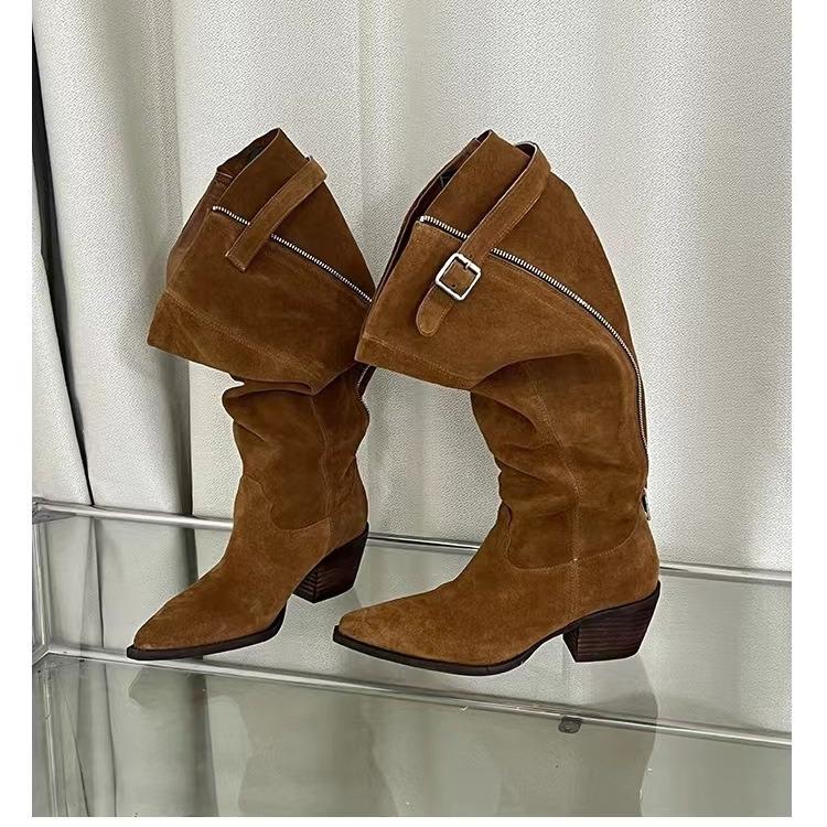 Winter Fashion Women High Boots Suede Pointed Toe Shoes Designer Mid Heels Chelsea Boots 2026 Trend New Gladiator Zapatos Femme